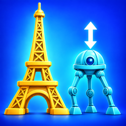The Magnitudle app icon: a golden Eiffel Tower beside a small robot with an up-and-down arrow, on blue